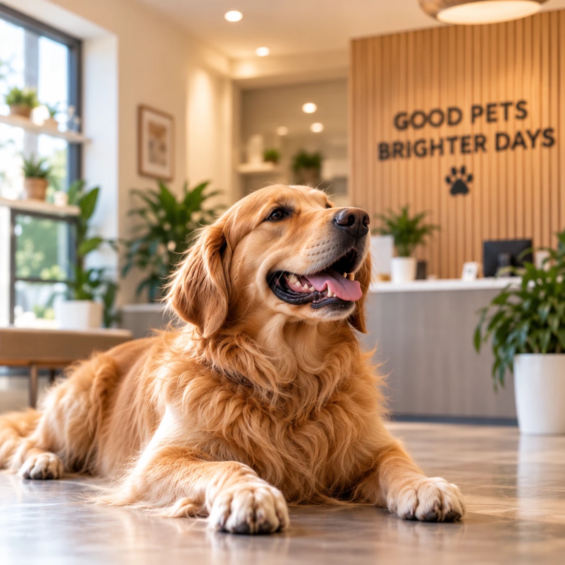 A golden retriever resting in a bright veterinary clinic lobby