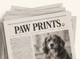 A stack of Paw Prints newspapers with a spaniel on the front page