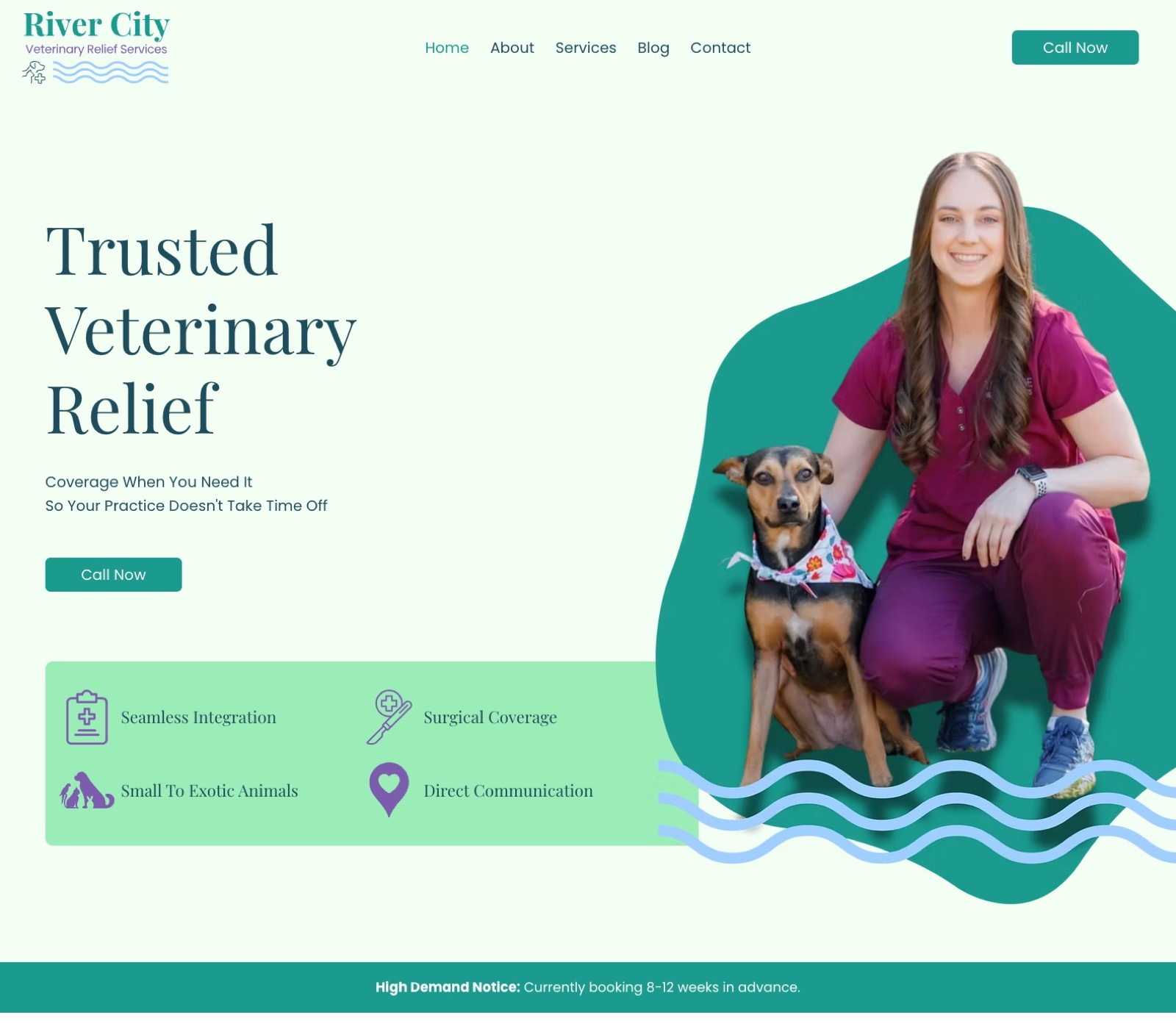 The River City Veterinary Relief Services homepage, with Dr. Emily Johns and her dog, and a high demand notice across the bottom