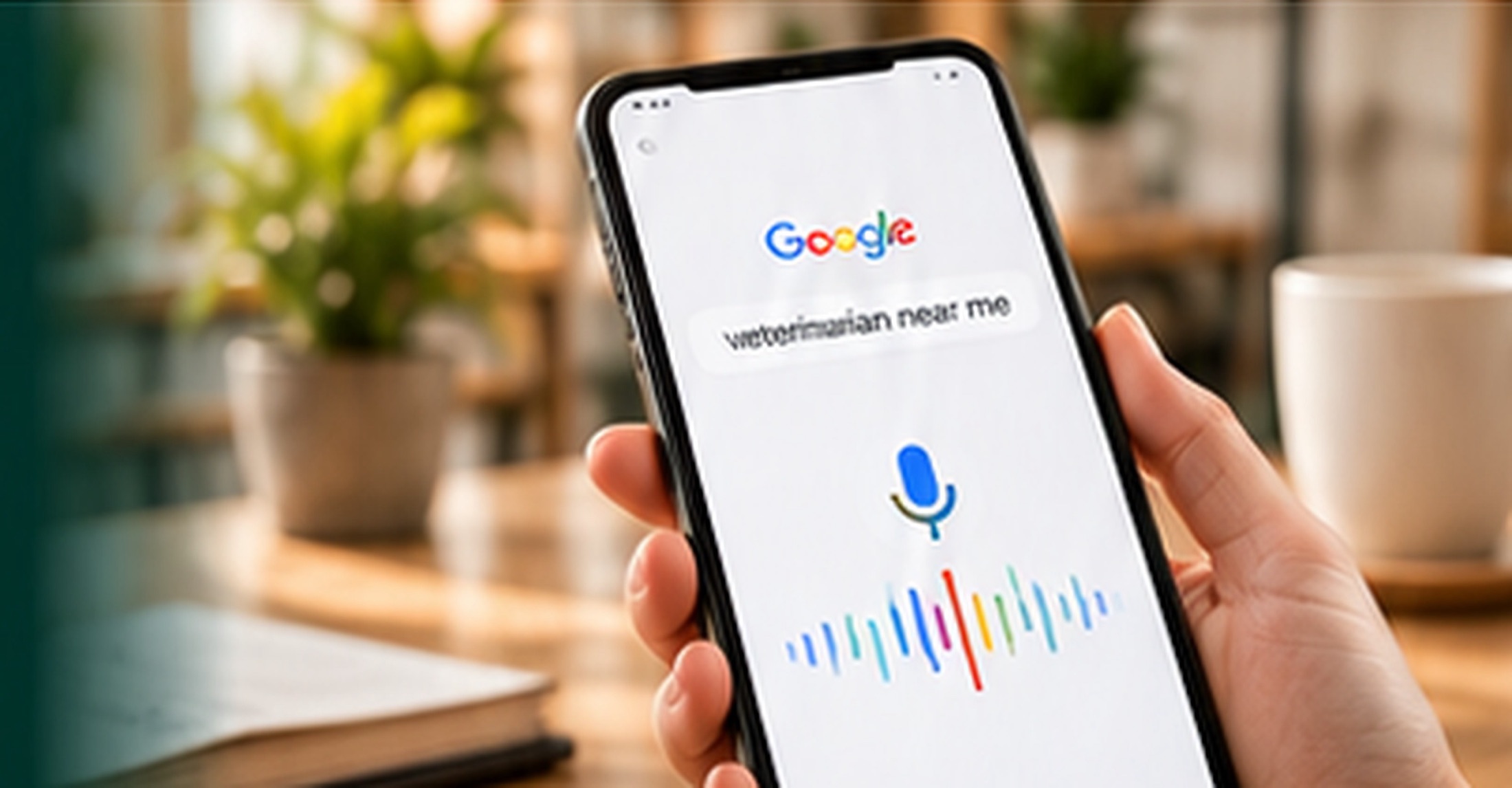 A hand holding a phone running a Google voice search for veterinarian near me