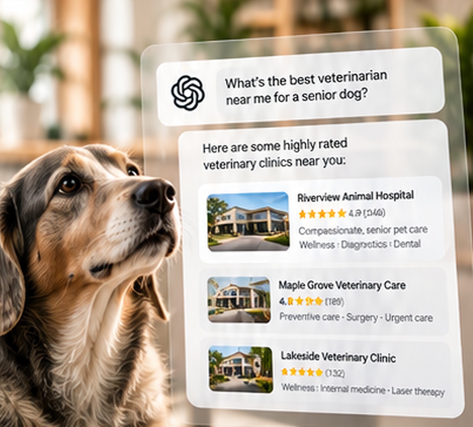 A senior dog beside a ChatGPT answer listing highly rated veterinary clinics nearby