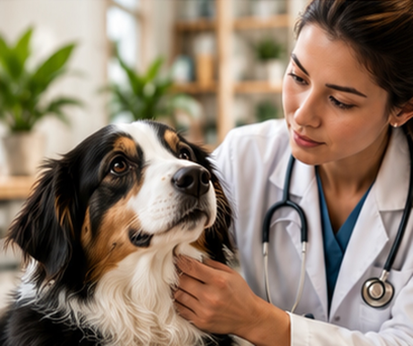 A veterinarian in a white coat gently examining a tricolor dog
