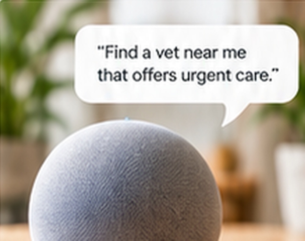 A smart speaker with a speech bubble asking to find a vet near me that offers urgent care