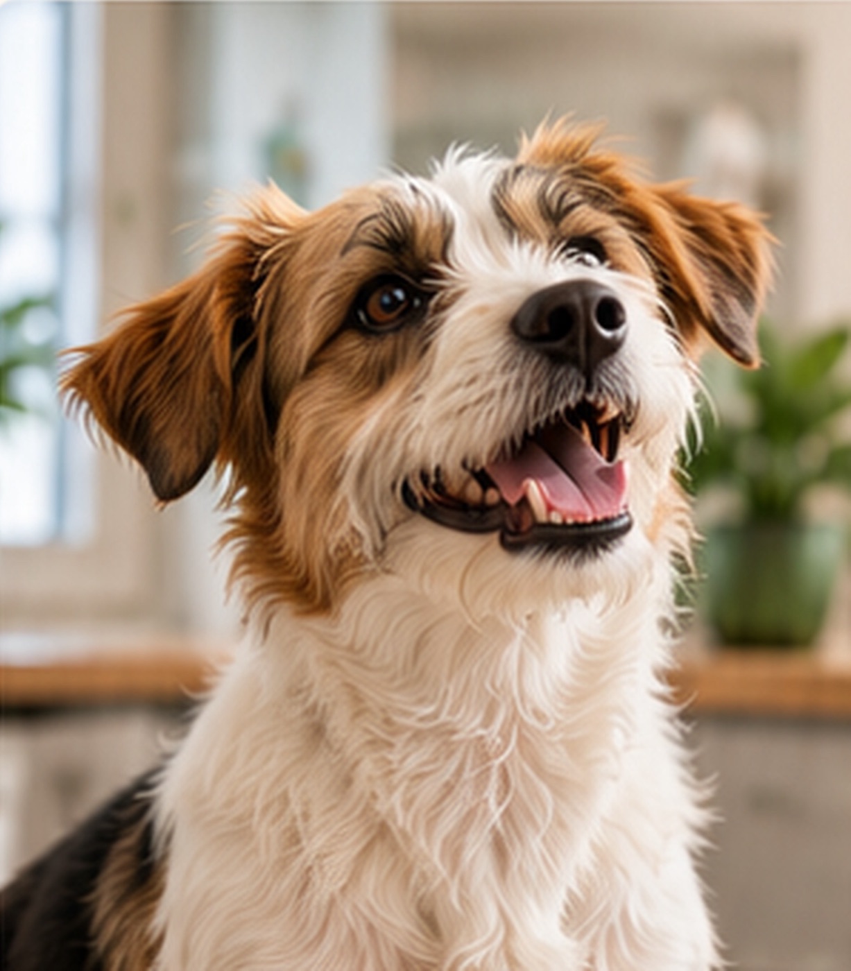 A happy terrier looking up in a bright veterinary clinic