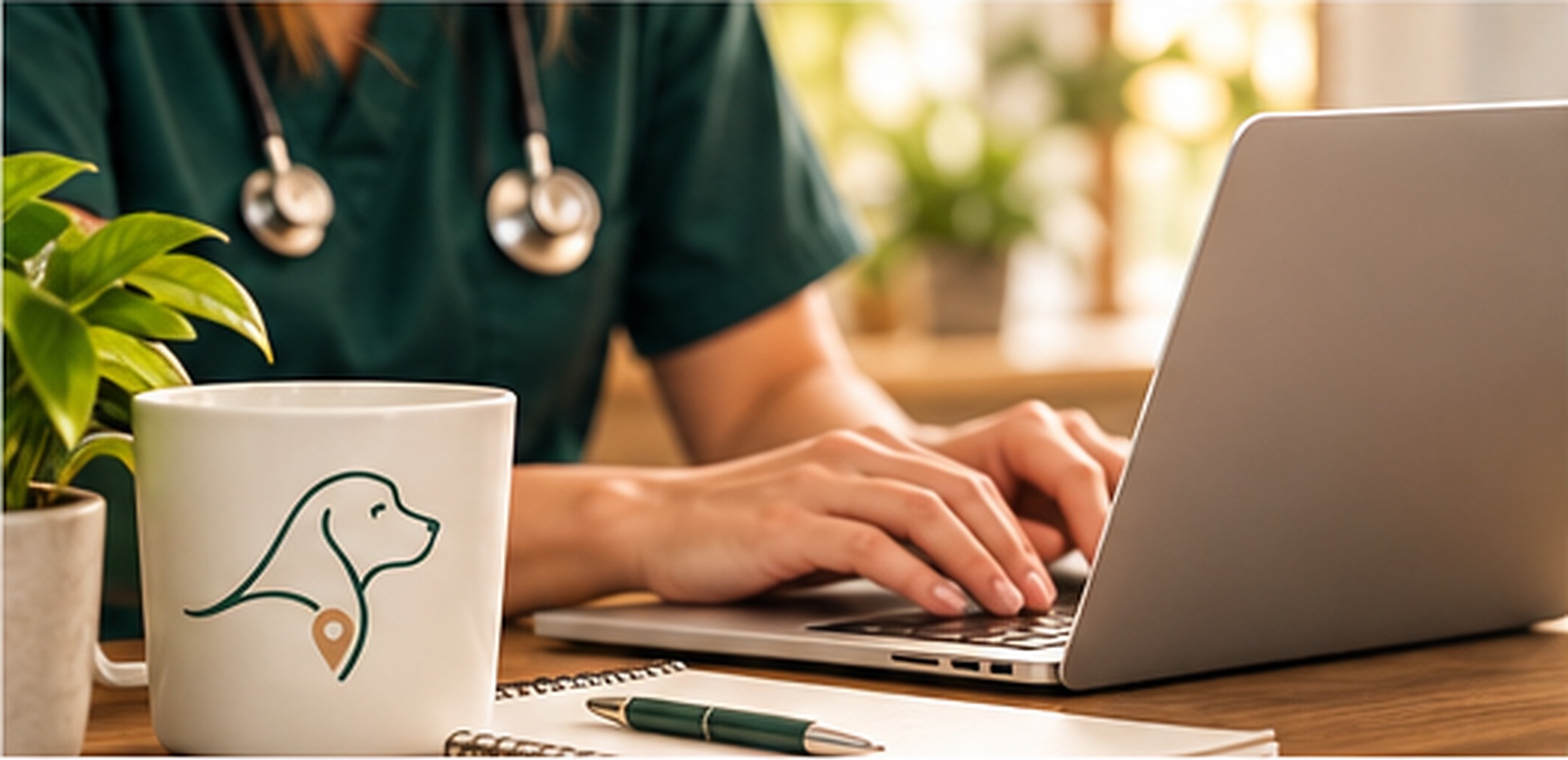 A veterinarian working on a laptop beside a Fetch & Found mug and notebook