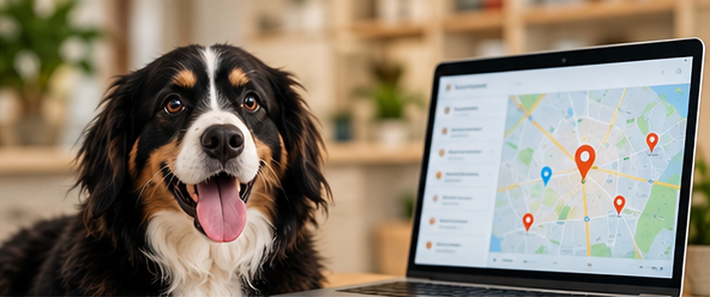 A tricolor dog next to a laptop showing a local map with location pins