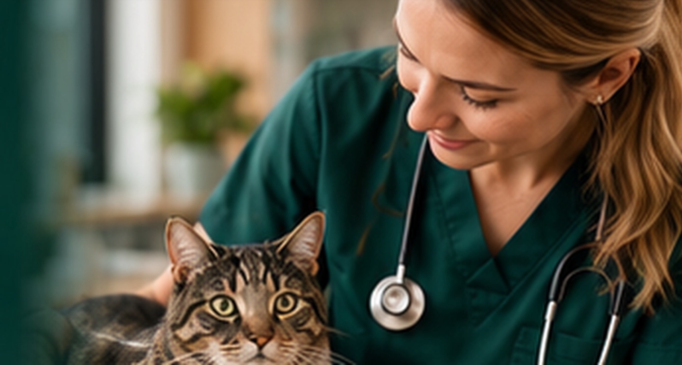 A smiling veterinarian in green scrubs with a tabby cat