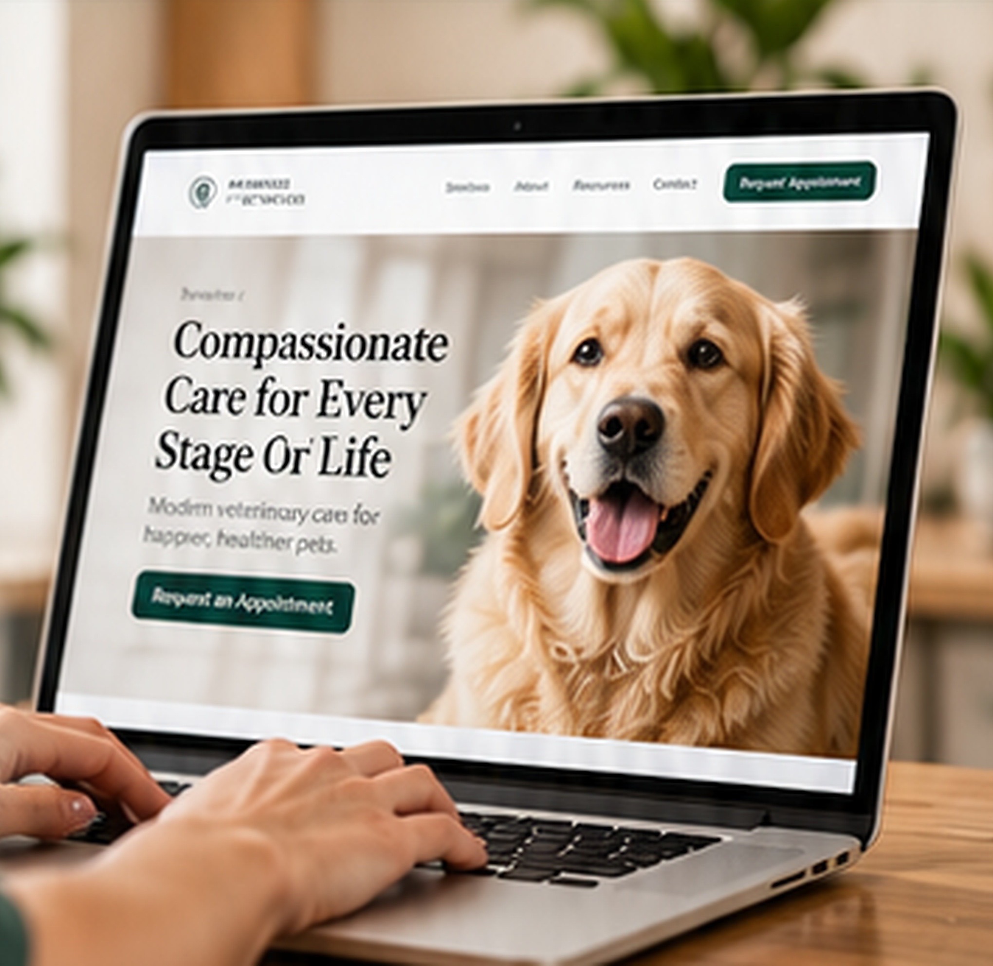 A laptop showing a veterinary hospital website with a golden retriever on the screen