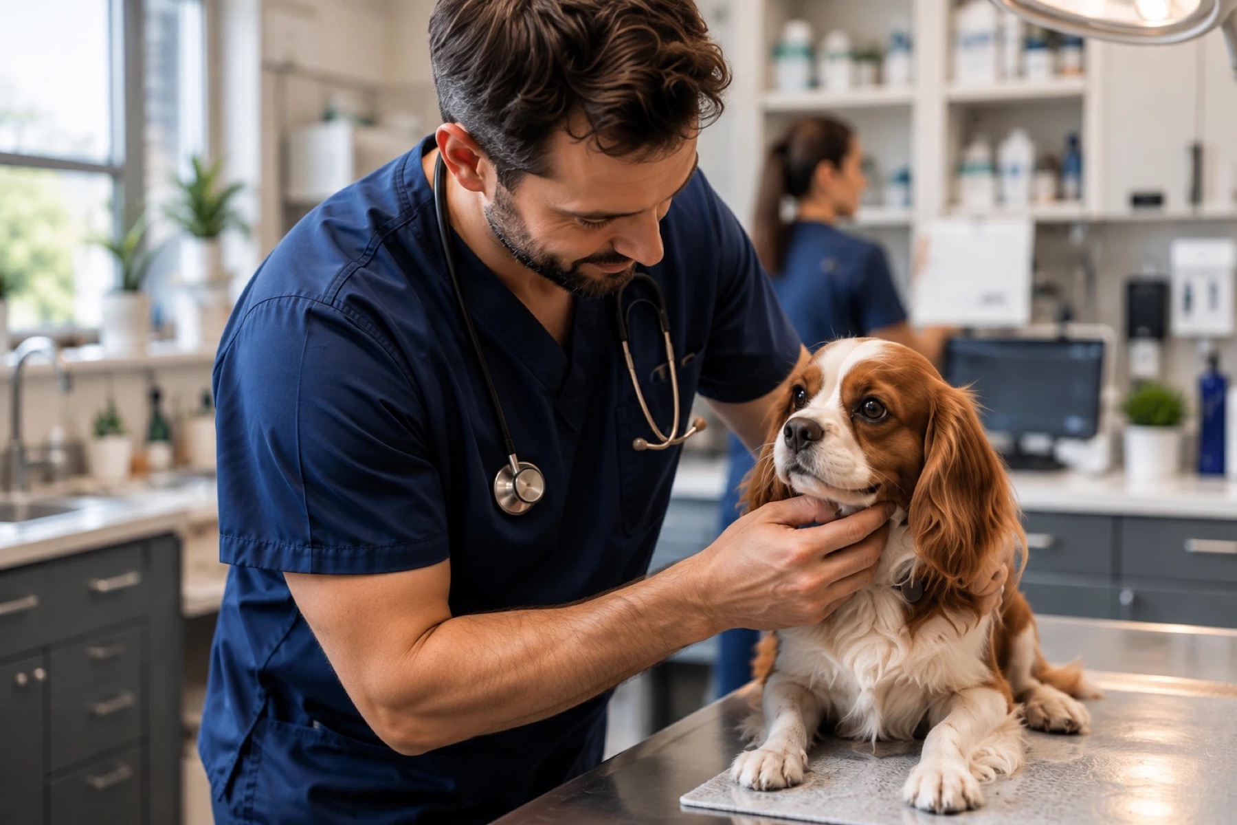 A veterinarian examining a spaniel on an exam table
